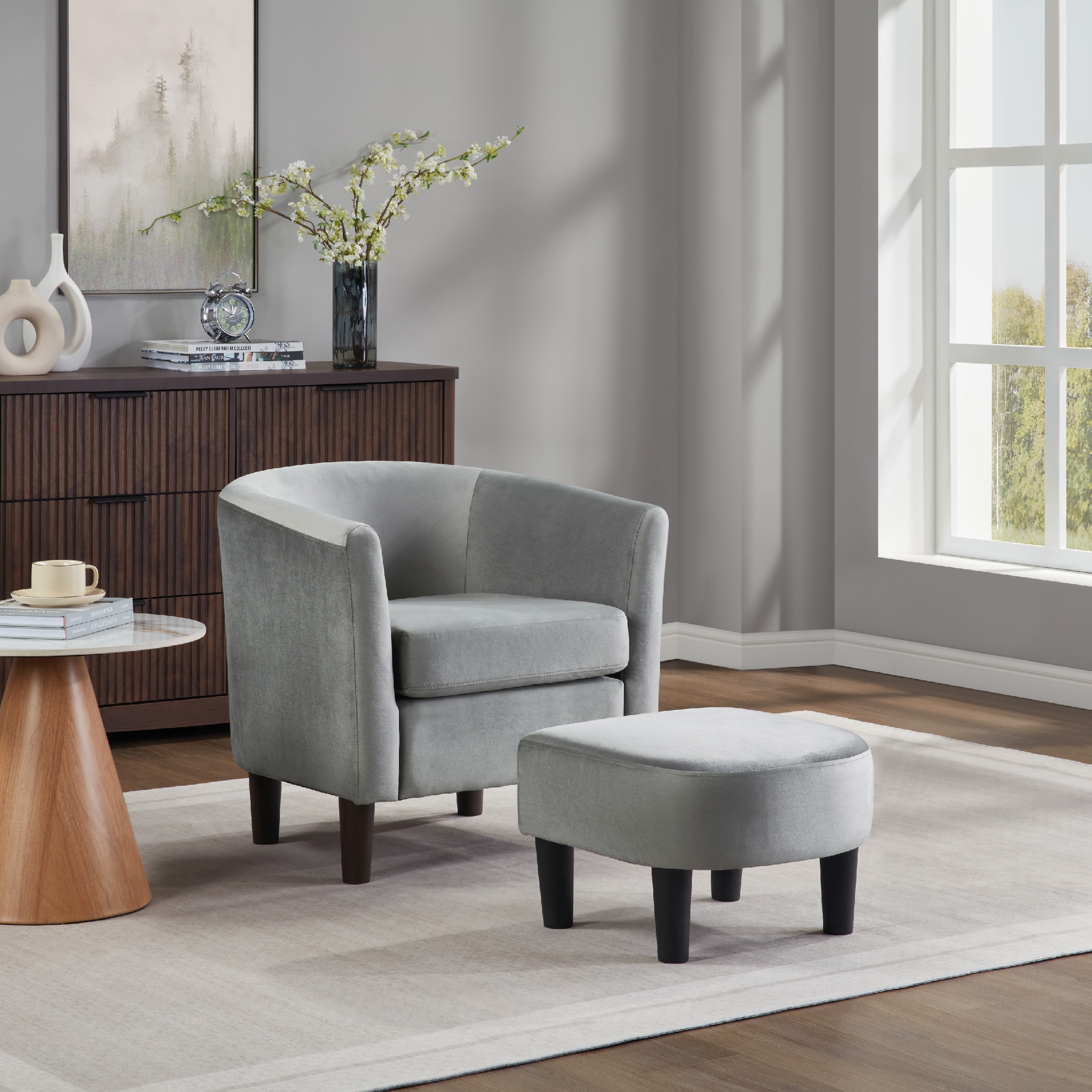 Velvet Accent Chair With Ottoman, Modern Barrel Chair Armchair For Living Room, Bedroom, Gray_voghion.com